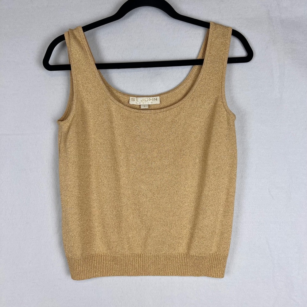 St. John Basics Womens Gold Metallic Knit Tank Top Size Small Scoop Neck Shell